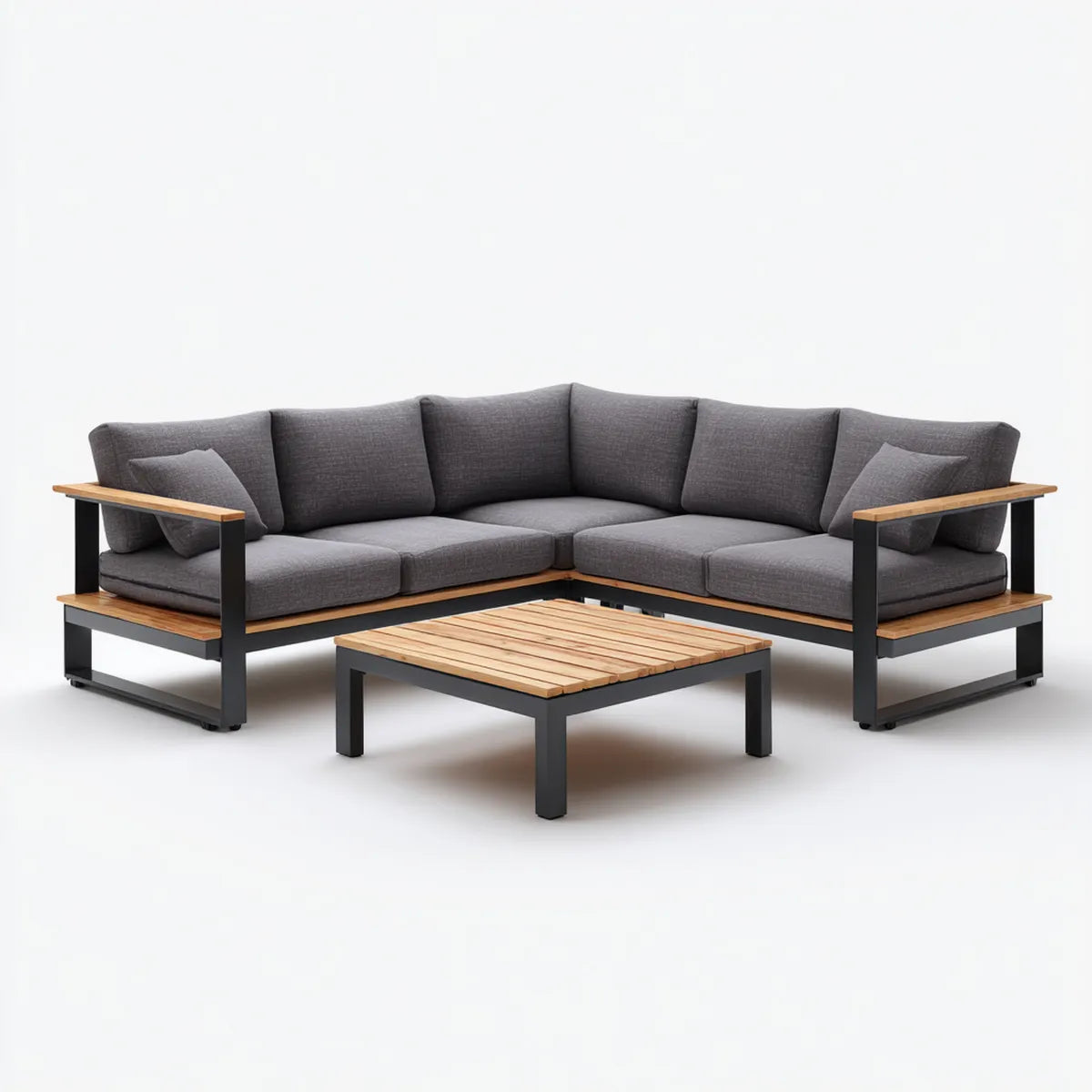 Sofa ogrodowa, Taras loungeset narożna kanapa z stolik antracyt naturalna czarny 240 x 240 cm stali acacia drewno kształt litery L