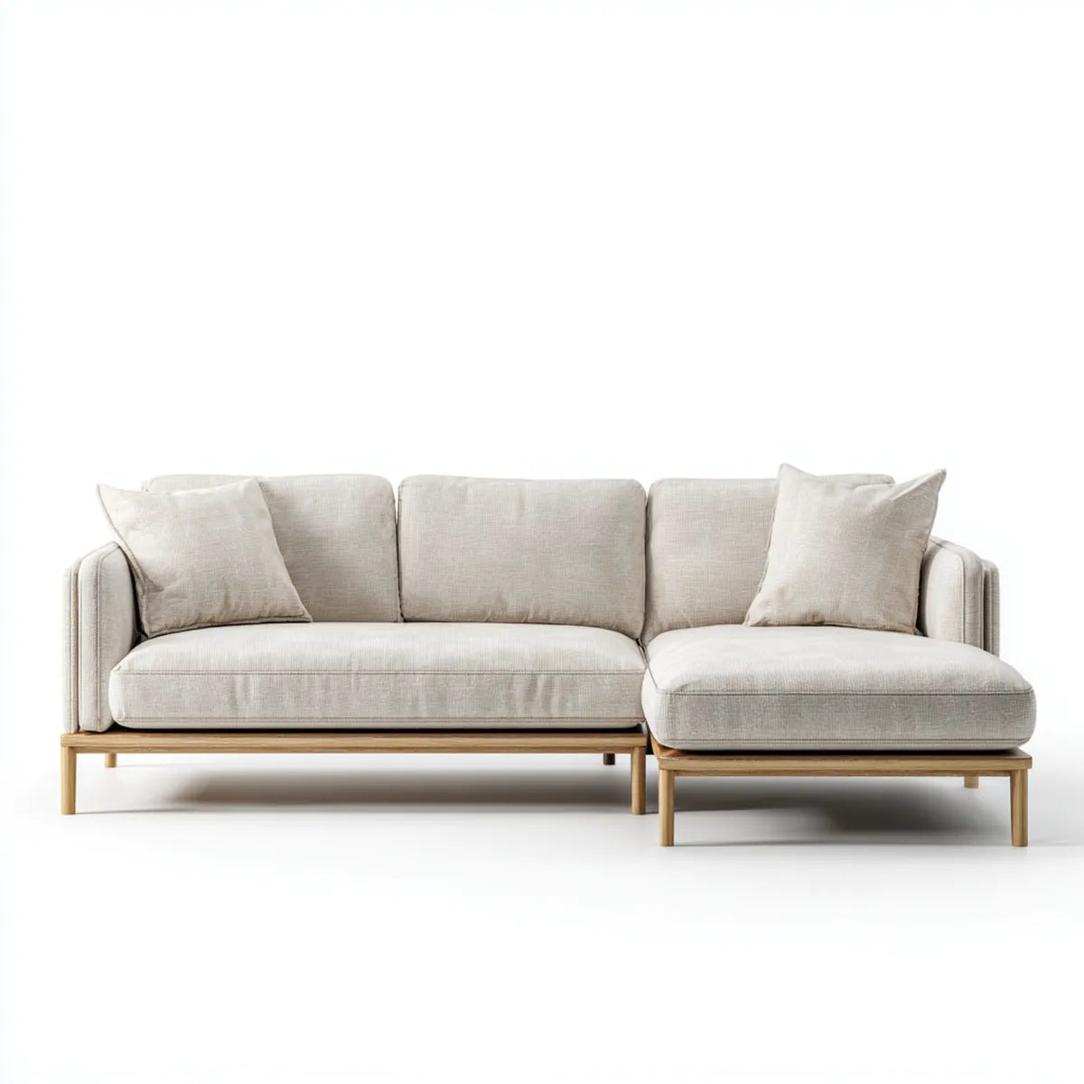 Sofa, narożna sofa 3-fotelik beżowy z poliestru z litą ramą z drewna kształt litery 260 x 165 x 82 cm
