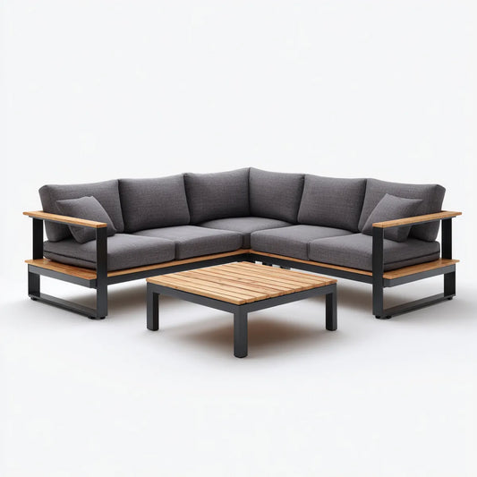 Sofa ogrodowa, Taras loungeset narożna kanapa z stolik antracyt naturalna czarny 240 x 240 cm stali acacia drewno kształt litery L