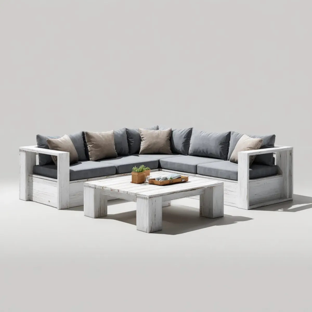 Sofa ogrodowa, Taras sofa w kształcie litery L biały szary beż z litego drewna sosnowego z poduszką tapicerską 280 x 210 x 75 cm i stolik kawowy 120 x 70 x 42 cm