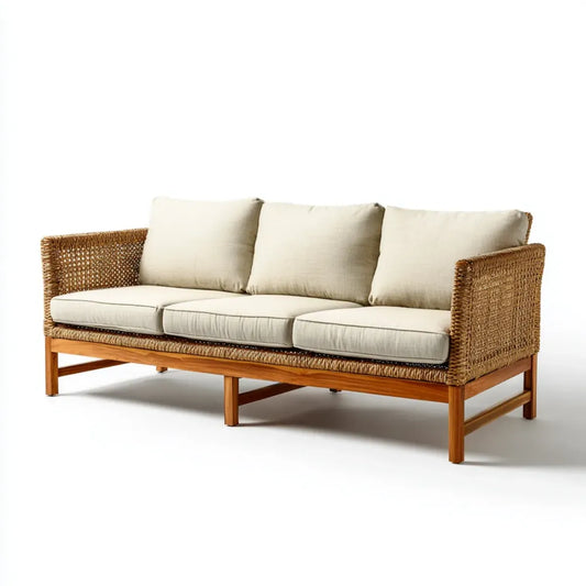 Sofa, 3-kanapa z naturalnego beżu z polirattanu i drewna eukaliptusa 220 x 85 x 78 cm
