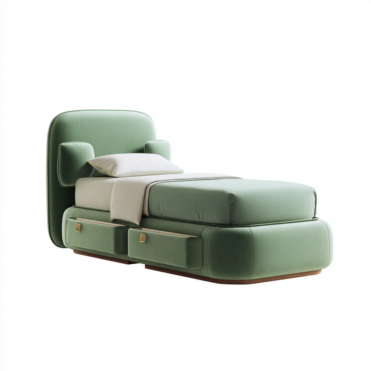 Łóżko pojedyncze z przestrzenią magazynową szałwia zielony 90 x 200 cm poliester aksamit wyścielony w zaokrągleniu