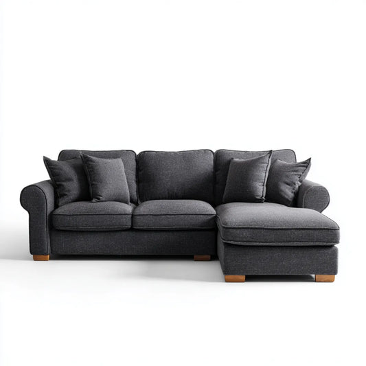 Sofa, Rożna sofa z rekamierem prawa ciemnoszary 245 x 160 x 88 cm poliester tkanina lite drewniane nóżki kształt litery L