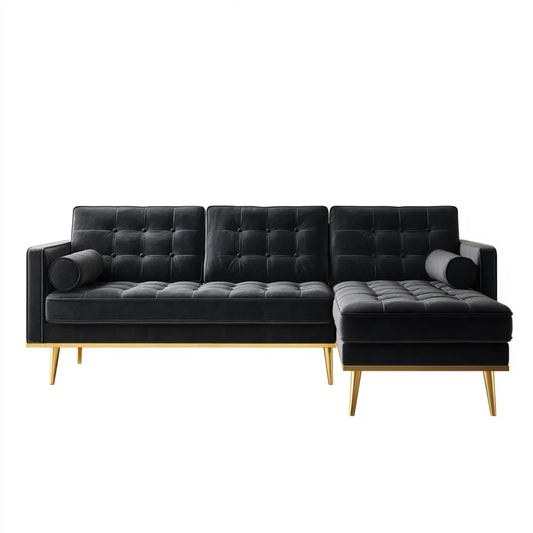 Sofa, Kanapa narożna z prawej strony recyrkulatora czarny 250 x 160 x 85 cm tapicerka aksamitna z poliestru