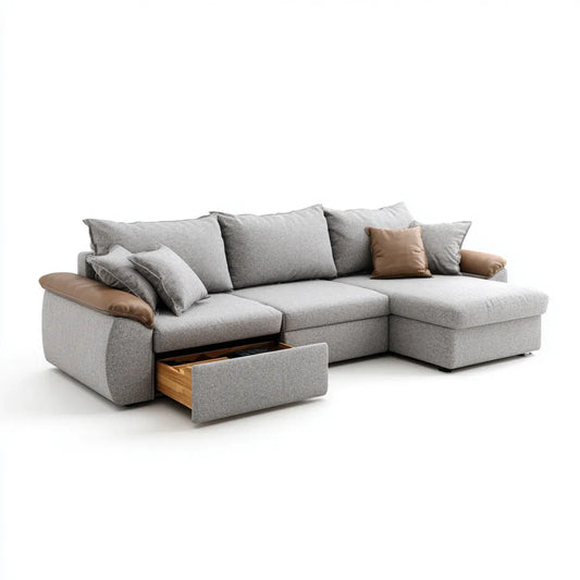 Sofa, Kolumna narożna z szufladą Szara prawy 280 x 165 x 88 cm Poliester PU sztuczna skóra kształt litery L