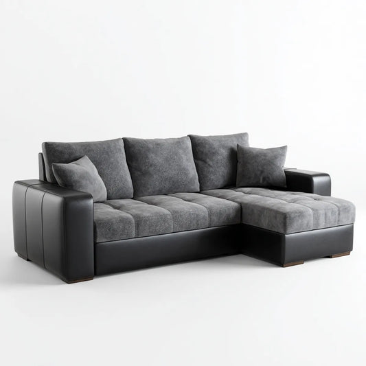 Sofa, Kanapa narożna z rekamierem prawa czarny szary 260 x 165 x 85 cm Sztuczna skóra poliestrowa mikrofibry kształt L